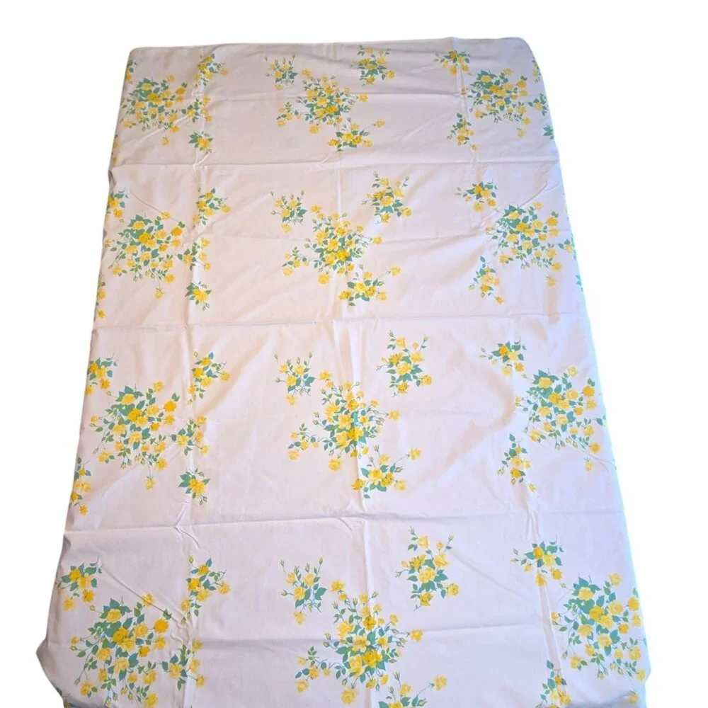 Vintage Floral Tablecloth 53x65 Yellow Roses Mid-Century Country Cottage Style